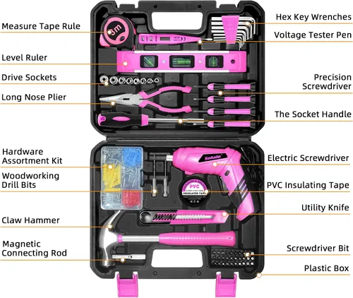 Vista 2 de Juego de herramientas rosa, juego de 130 piezas para el hogar para mujeres con destornillador recargable inalámbrico de 3.6V, juego básico
