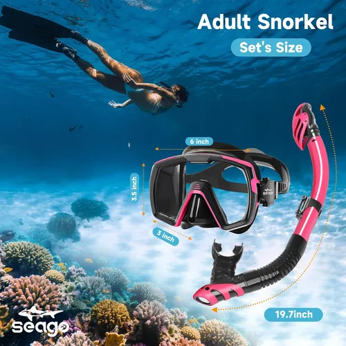 Vista 6 de Seago Juego de máscara de buceo de buceo en seco, vista amplia de 180⁰, a prueba de fugas, antivaho, ajuste cómodo para adultos