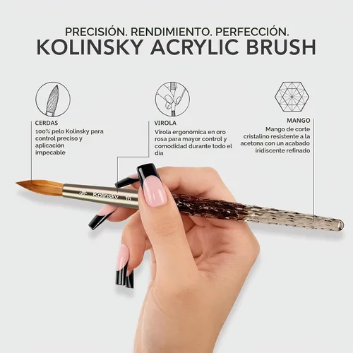 Vista 3 de Kiara Sky Pincel Acrílico #8 - Negro 100% Puro Kolinsky Mango de Corte de Cristal y Resistente al Acetona