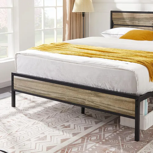 Vista 8 de VECELO Base de cama tamaño Queen con cabecera y estribo de madera, base de colchón de plataforma de cama Queen, soporte de listones de acero,