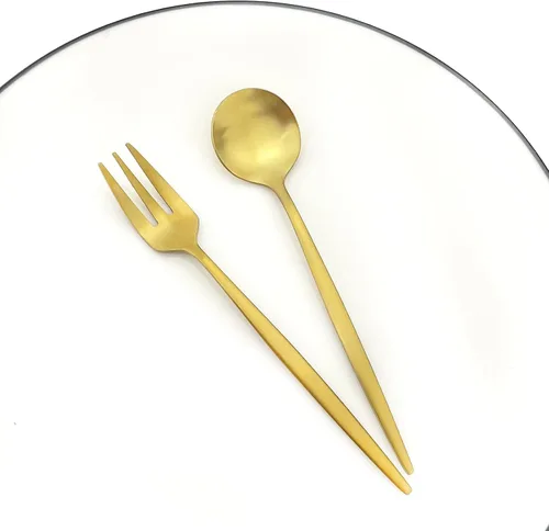 Vista 3 de Juego de 6 tenedores de postre de acero inoxidable de 3 dientes, juego de tenedores para frutas y tartas, 5.31 pulgadas, dorado