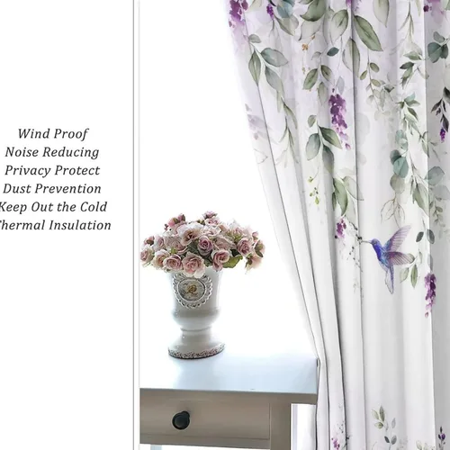 Vista 6 de Cortinas abstractas de eucalipto y colibrí, cortinas opacas con aislamiento térmico y ojales para dormitorio, 2 paneles de 45 pulgadas de largo x 21