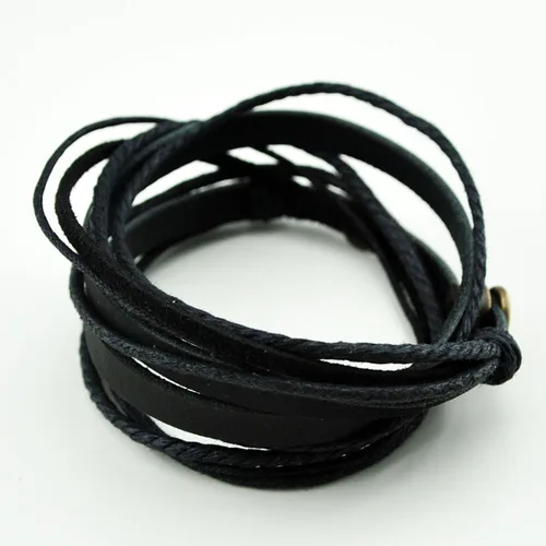 Vista 2 de Pulsera de piel auténtica para hombre y mujer, multicapa, ajustable, con cuerda multicolor, latín, Negro, C0020