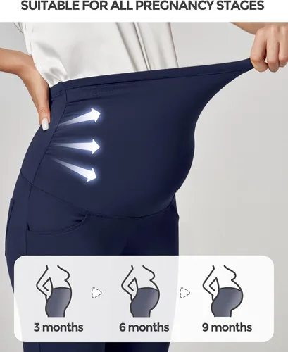 Vista 2 de Ewedoos Pantalones de maternidad pantalones de trabajo laterales fruncidos con bolsillos sobre el vientre, pantalones de vestir de embarazo