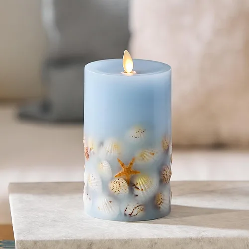 Vista 9 de Luminara Vela LED sin llama, de cambray suave, incrustada en concha y estrella de mar, pilar de llama móvil, cera real sin perfume con borde