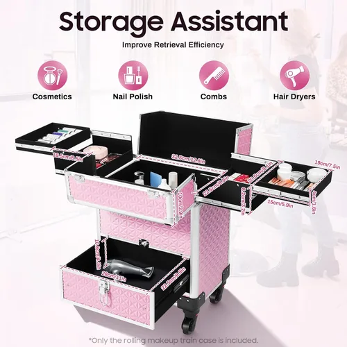 Vista 2 de Estuche de maquillaje con ruedas y mango telescópico, cajón con cerradura, estuche de maquillaje rodante, organizador de cosméticos, para estilista