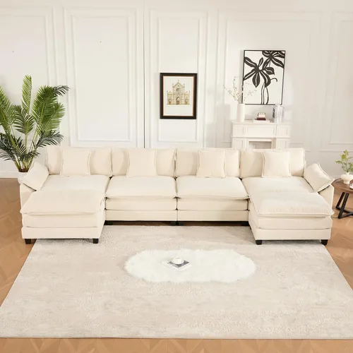 Vista 125 de Sofá seccional modular beige de 117.3", sofás seccionales grandes de 3 plazas para sala de estar, sofá nube oversized de tela chenille con otomana