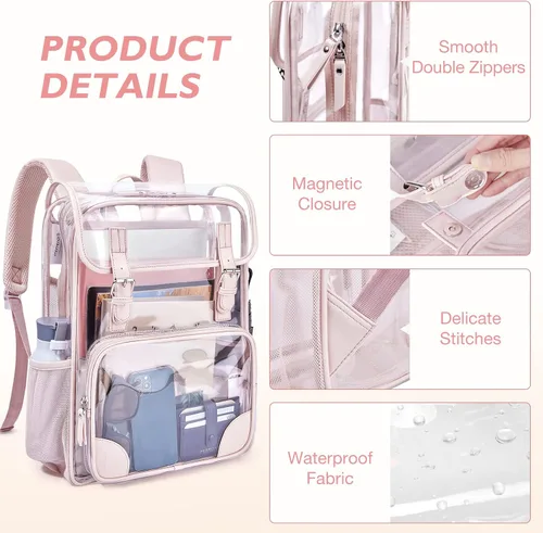 Vista 5 de mommore Mochila transparente de PVC grueso resistente con ribete de cuero de gran capacidad transparente, Rosado