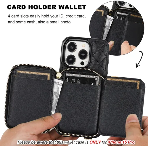 Vista 4 de Bocasal Funda tipo cartera con bandolera para iPhone 15 Pro, cartera de mano de piel sintética con cremallera y bloqueo RFID, funda tipo cartera