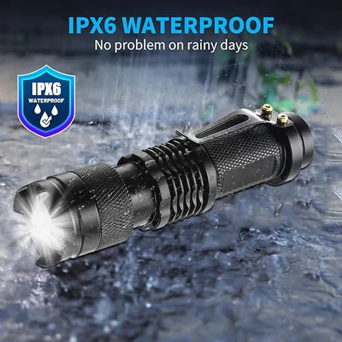 Vista 7 de 10 linternas LED de alta luz, mini linterna impermeable de bolsillo con 3 modos, enfoque ajustable zoomable para camping, senderismo