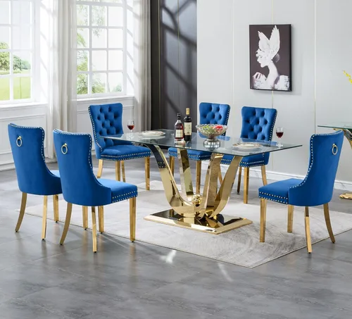 Vista 16 de SSLine Mesa de comedor de cristal dorado de 70 pulgadas para 4-6, base de Mesa de oro floral