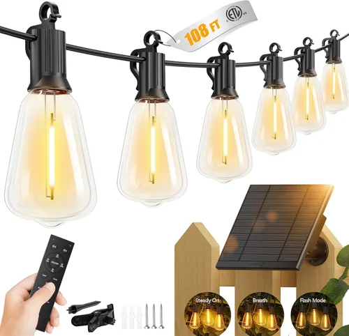 Vista 13 de Brightown Guirnalda de luces solares de 37 pies para exteriores, impermeable, con control remoto, 10+1 bombillas LED inastillables, regulables