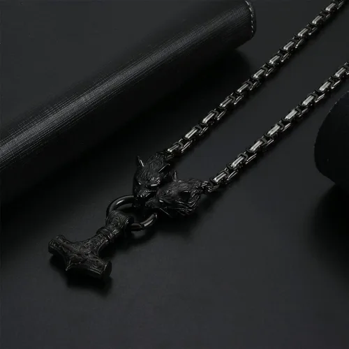 Vista 5 de OIDEA Viking Mjolnir Necklace for Men with Wolf Head King Chain, Stainless Steel Viking Amulet Thors Hammer Necklace Norse Pagan Jewelry,22 inch