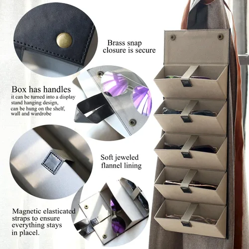 Vista 4 de Estuche para gafas de sol para hombres o mujeres, estuche rígido para lentes múltiples, caja portátil de 5 ranuras para gafas, organizador de gafas