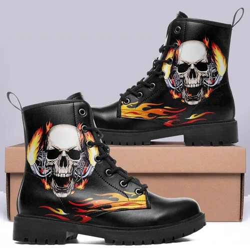 Vista 6 de Botas de combate negras personalizadas para mujer, con lazada, estilo cráneo y rosa, botas de tacón grueso y plataforma de cuero