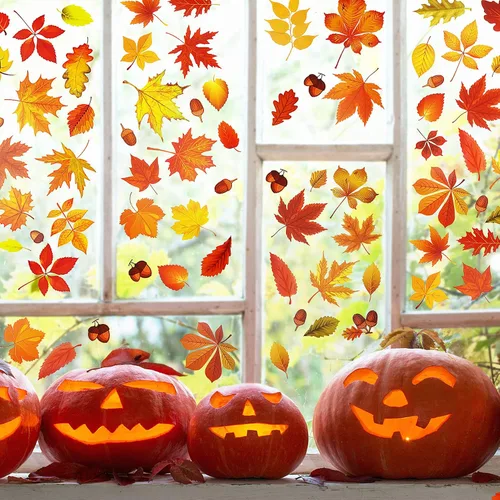 Vista 2 de 174 calcomanías de hojas de otoño para ventana, 9 hojas de arce, conos de pino, calcomanías estáticas de ventana para el día de Acción de Gracias