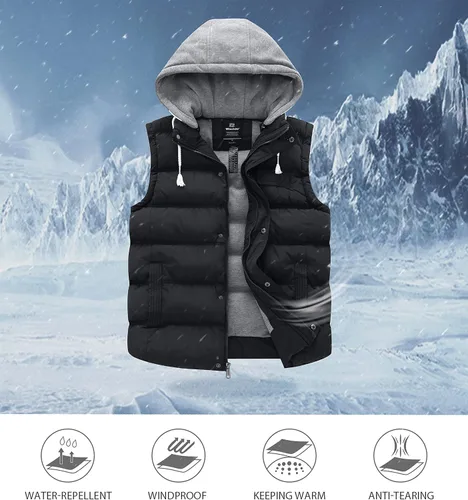 Vista 6 de Wantdo Chaleco de invierno grueso para hombre chaqueta acolchada resistente al agua chaleco grueso con capucha extraíble
