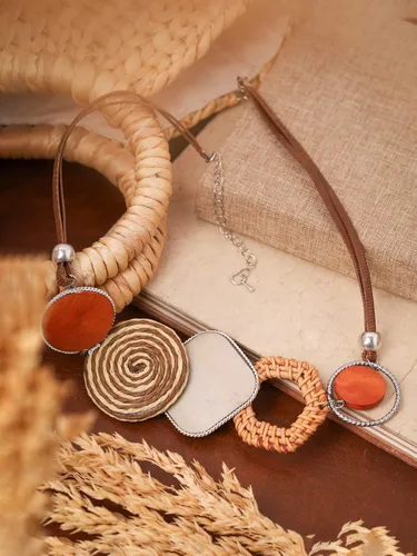 Vista 6 de MINACHI Handmade Braided Necklace for Women, Wooden Beads, Rattan Charm, Vintage Style, Gift Jewelry