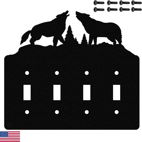 Vista 15 de Interruptor de luz de palanca Howling Wolves y placa de pared dúplex individual (palanca individual con potencia, negro) - Fabricado en Estados