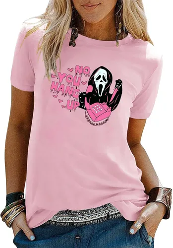Vista 3 de Camiseta de Halloween con texto en inglés "No You Hang Up Scary Horror Movie Halloween" para mujer, divertida camiseta de fantasma, casual