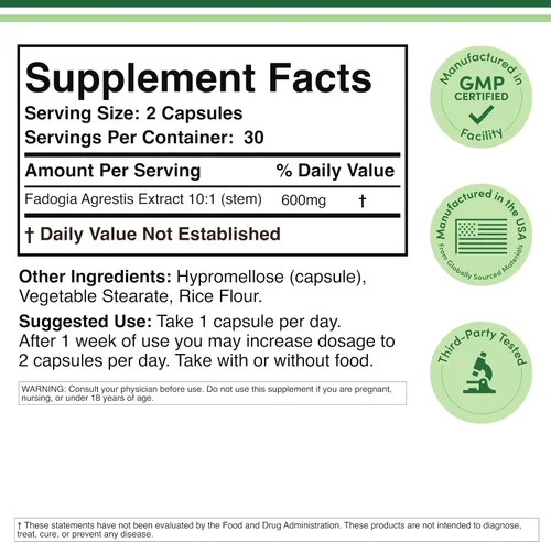 Vista 4 de Fadogia Agrestis 600mg Per Serving (60 Capsules) Powerful Extract to Support Athletic Performance (Third Party Tested, Non-GMO, Vegan, Gluten Free)