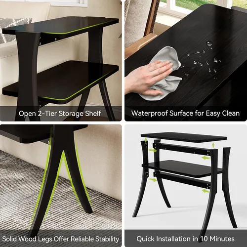 Vista 6 de LITTLE TREE Mesa auxiliar con patas de madera maciza, mesa auxiliar estrecha pequeña de 2 niveles, mesa de granja que ahorra espacio para sala