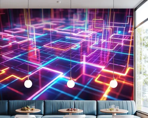 Vista 7 de Murales de pared de lienzo geométricos autoadhesivos de los años 80 de neón retro Synthwave 3D, líneas brillantes, papel tapiz de pared