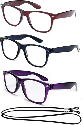 Vista 11 de Gafas de lectura de marco grande para hombres y mujeres, cómodos y elegantes anteojos de lectura simples Paquete de 3 - Azul con 1 cordón
