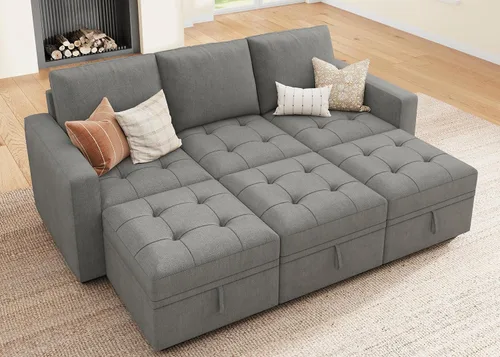Vista 25 de HONBAY Sofá cama modular modular con cama extraíble, sofá en forma de L con asiento de almacenamiento, sofás seccionales para sala de estar, beige