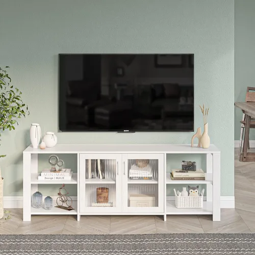 Vista 3 de Panana Soporte de TV de 2 puertas, mueble de 4 puertas para sala de estar para televisores de hasta 70 pulgadas (blanco)