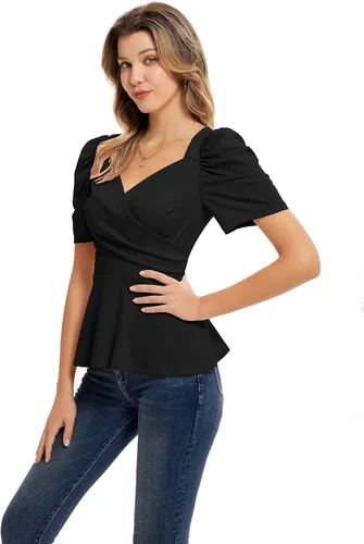 Vista 4 de GRACE KARIN Blusas de verano para mujer, elegante blusa con cuello en V y manga corta abombada