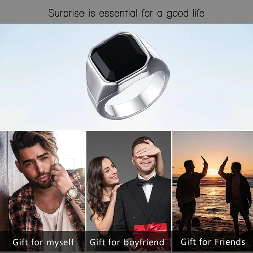 Vista 6 de Anillos de ónix negro para hombre, de acero inoxidable, con diseño de ágata cuadrada para hombres, anillo de pulgar meñique para papá, regalo