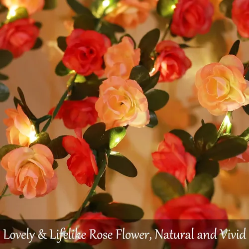 Vista 2 de Fielegen Guirnalda de luces artificiales de 30 LED, funciona con pilas de 9.84 pies de rosa de vid de hadas para el día de San Valentín, boda