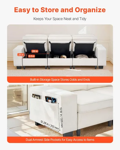 Vista 6 de VEVOR Sofá modular de 3 plazas de 100 pulgadas, cómodo sofá con asientos profundos y almacenamiento oculto, diseño moderno para sala de estar