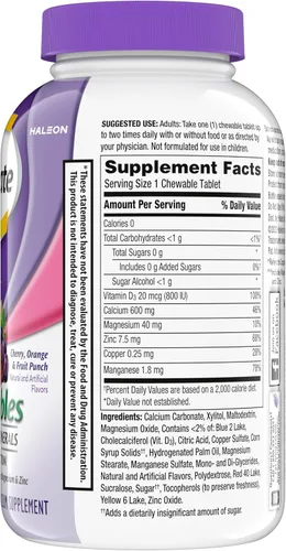 Vista 12 de Caltrate Chewables 600 Plus D3 Plus Minerals Suplemento de vitamina D de calcio, cereza, naranja y fruta, 90