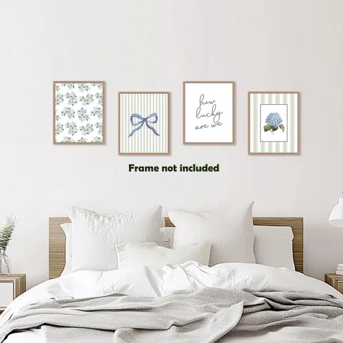 Vista 6 de Pleonox Juego de 4 impresiones artísticas florales de hortensias con lazo azul coqueta verde salvia de 8 x 10 pulgadas, con texto en inglés «How
