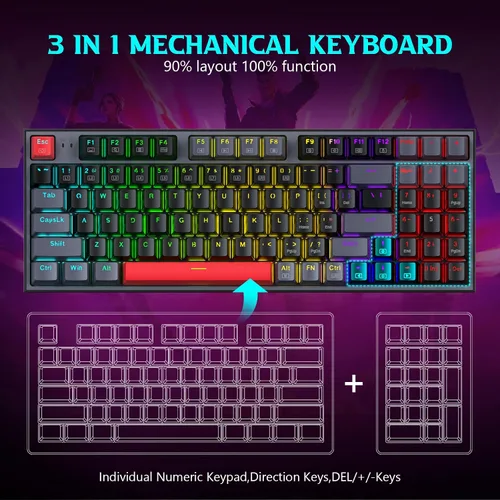 Vista 2 de Redragon Teclado mecánico, teclado para juegos con cable con 94 teclas, edición macro programable, almohadilla numérica, diseño compacto