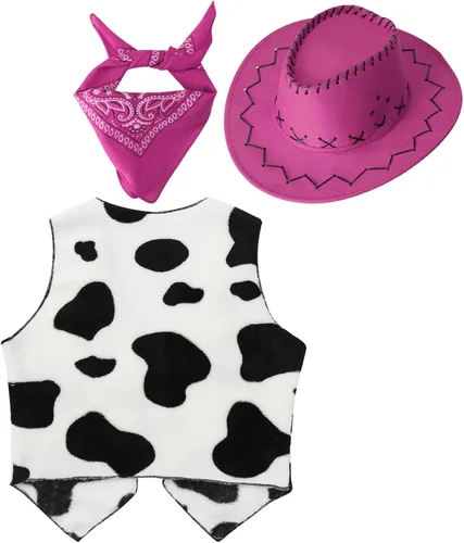 Vista 2 de zdhoor Disfraz de vaca de Halloween para niñas, disfraz de vaca, chaleco sin mangas con sombrero, bandana, conjuntos de 3 piezas