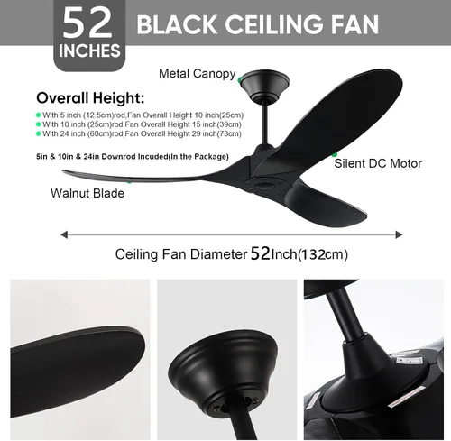 Vista 9 de Ventilador de techo negro sin luz, 52 pulgadas, moderno, para interiores y exteriores, 3 aspas, a prueba de humedad, ventilador de techo de madera