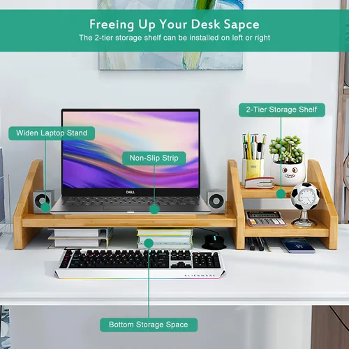 Vista 6 de Ufine Soporte de Bambú para Laptop de Escritorio con 3 Alturas Ajustables, Soporte para Notebook, Elevador de Monitor de Computadora con Estante