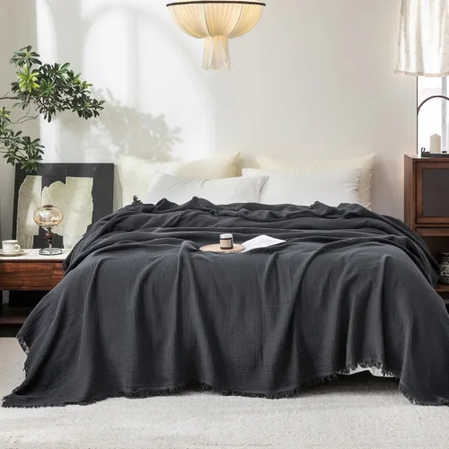 Vista 21 de FOSSA Manta de Muselina con Flecos - Gasa de Algodón 100% de 4 Capas Súper Suave y Transpirable - Manta Decorativa Ligera y Refrescante para Cama