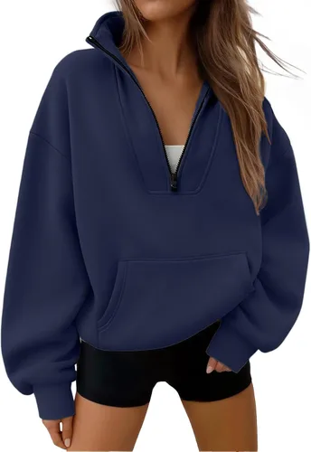 Vista 25 de Trendy Queen - Sudaderas con medio cierrey capucha de gran tamaño, comoda, extragrande, para otoño, Y2K, ropa de invierno, 2024 Gris