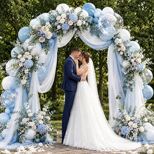 Vista 5 de Kit de arco de globos azul empolvado, 126 piezas, kit de guirnalda de arco de globos azul claro y blanco, incluye globos de macarón para bodas