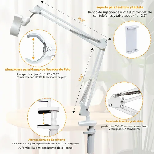 Vista 2 de Soporte blanco para secador de pelo de perro, soporte giratorio de 360° con abrazadera ajustable para secadores de pelo, soporte 3 en 1 para secador