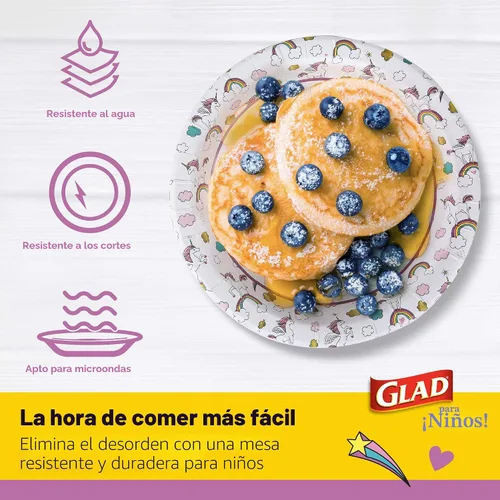 Vista 3 de Glad para Niños Platos de Papel Desechables Redondos con Temática de Unicornio - Resistentes, A Prueba de Absorción, Platos Aptos para Microondas