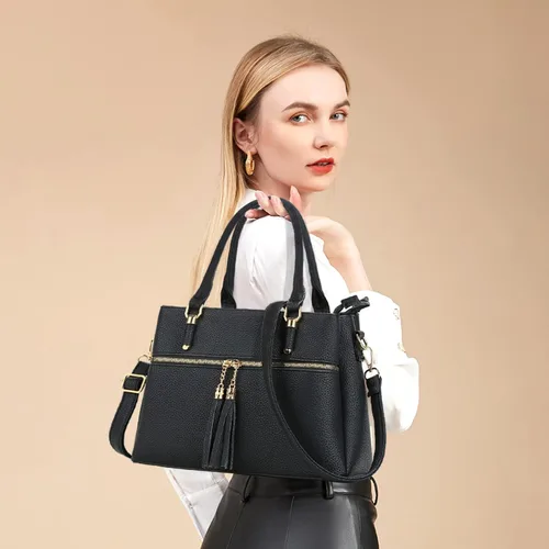 Vista 2 de KKXIU Bolsos tipo satchel para mujer con asa, bolsos de hombro y carteras con bolsillos y cremallera, bolsos cruzados de cuero