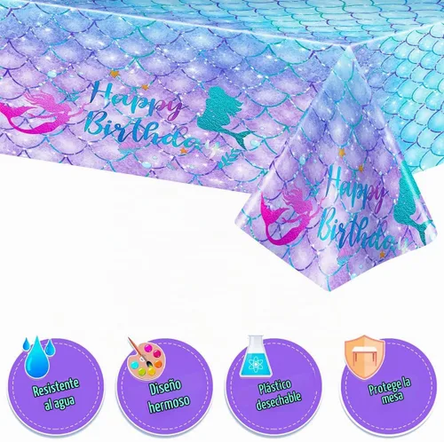 Vista 3 de DaiUni 1 mantel de cumpleaños de sirena para decoración de fiesta de niños y niñas Cubierta de mesa rectangular desechable de plástico
