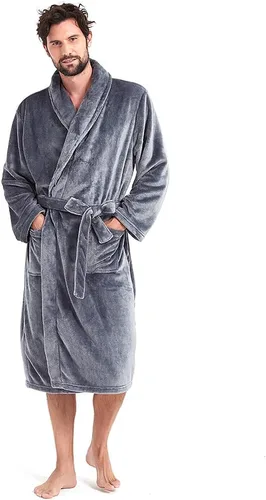 Vista 2 de HOLOVE Bata de baño con capucha de forro polar para hombre, cuello de chal, suave, cálida, de manga larga