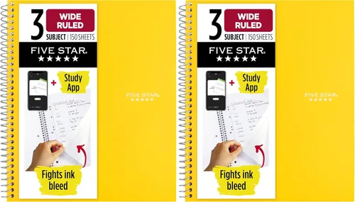 Vista 17 de Five Star, cuaderno en espiral, 3 materias, con papel rayado ancho, 150 hojas, 10-1/2 x 8 pulgadas, Amarillo