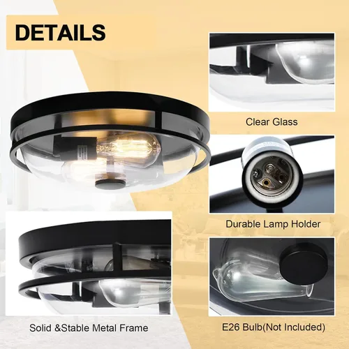 Vista 2 de Luz de techo de montaje empotrado Luminzone con pantalla de vidrio transparente, 2 luces, iluminación de estilo granja para interior y exterior
